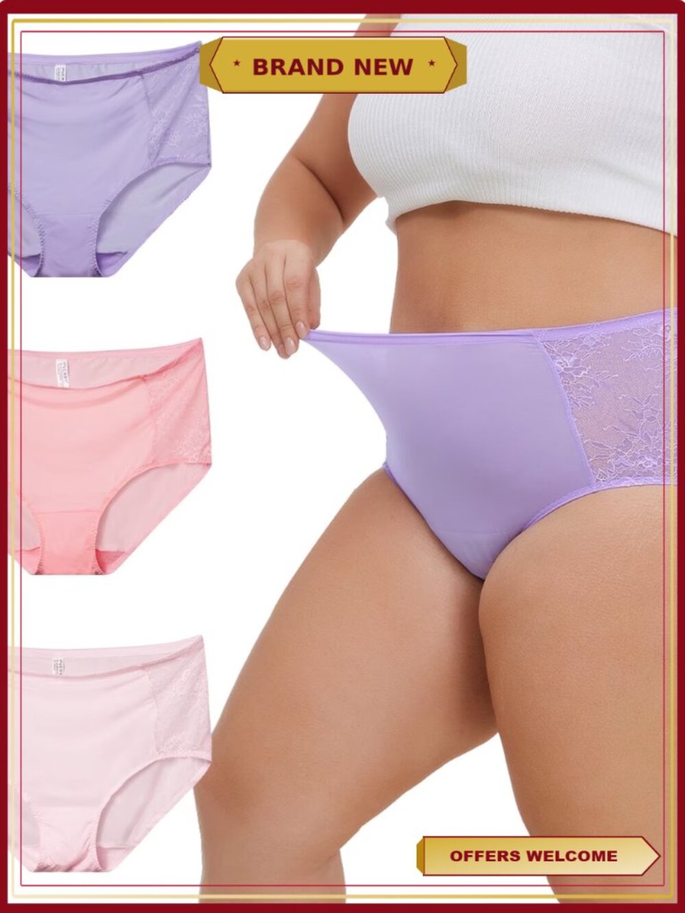 Plus Size Lace High Waisted Briefs Panties 3 Pack Silky Stretch Women